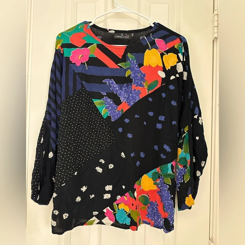 Vintage Carole Little abstract multicolor patchwork long-sleeved blouse size M/L